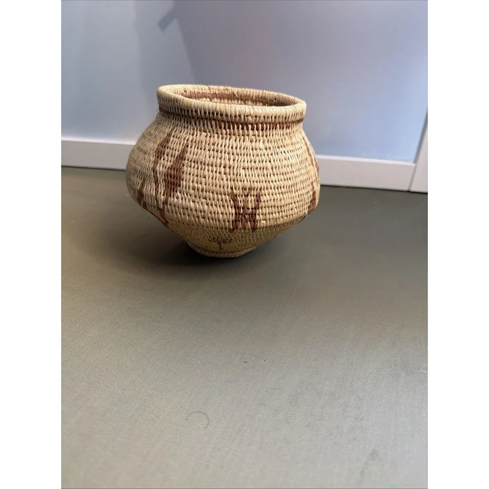 Vintage Handwoven Coil Basket Botanical Geometric Natural Fiber Rainforest Chic